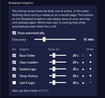 The Broadcast Graphics settings: show automatically, one every 15 minutes, and the graphics in order with how long each shows.