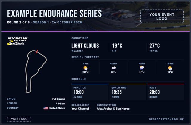 The Refined event card: the series, round and date over a circuit picture, the track map, conditions, forecast, schedule and commentators.