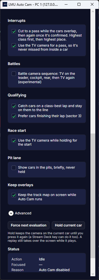 The lower half of the Auto Cam window: interrupts, battles, qualifying, race start, pit lane and overlay options, Force next evaluation and Hold current car, and the status panel.