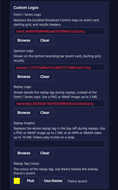 The Custom Logos settings: event or series logo, sponsor logo, replay logo, replay graphic and replay tag colour.