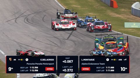 1v1 Battle on air: The focused car against the closest car ahead or behind: tyres, energy, laps and gap.