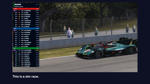 The opening shot of the video: an Aston Martin hypercar at Road Atlanta, with the standings tower on air.