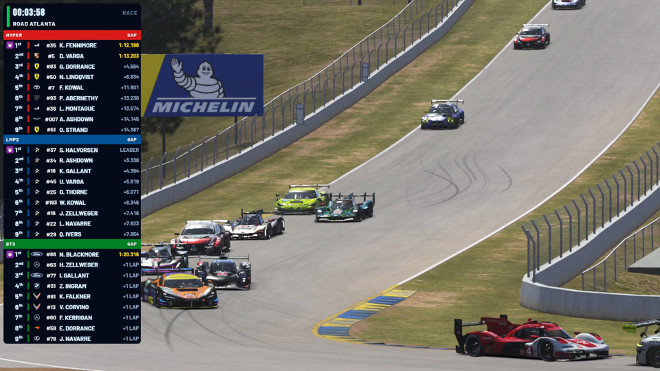 A race at Road Atlanta on air with Broadcast Control graphics: the standings tower split into Hypercar, LMP2 and GT3 beside a mixed-class pack.