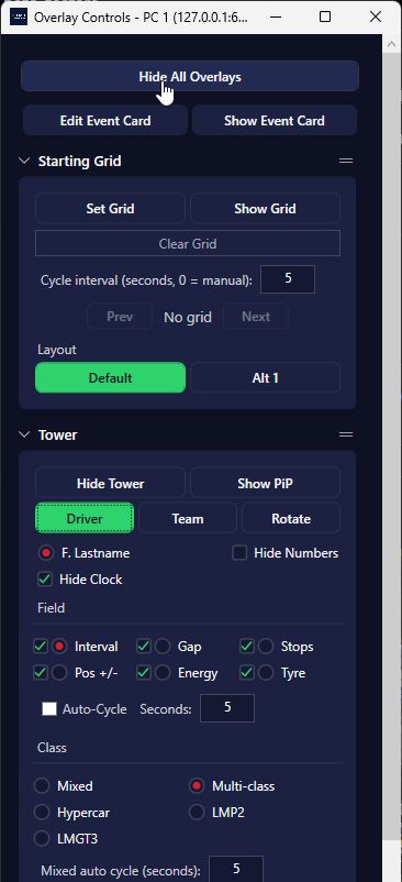 The Overlay Controls window: Hide All Overlays, the event card, the starting grid, the tower with Hide Tower and Show PiP, and session and driver information.