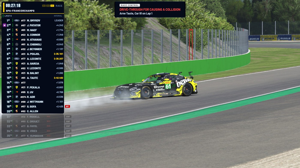 A stewarding decision on air at Monza: a drive-through for causing a collision, for car 61 on lap 1.