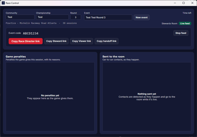 The Race Control window with the room live: the event name, the event code, Copy Race Director link and the other links, with the game's penalties and the contacts sent to the room below.