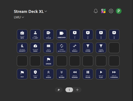 A Stream Deck XL profile with Broadcast Control keys: driver info, TV cameras, onboard modes, field and tower cycling, Green, FCY and Safety Car, car ahead and behind, and replay controls.