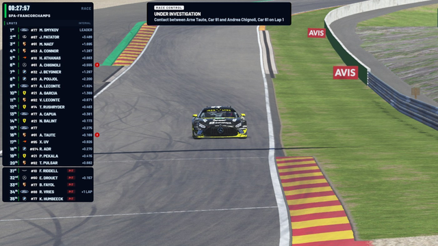 An incident under investigation on air at Spa: contact between car 61 and car 51 on lap 1.