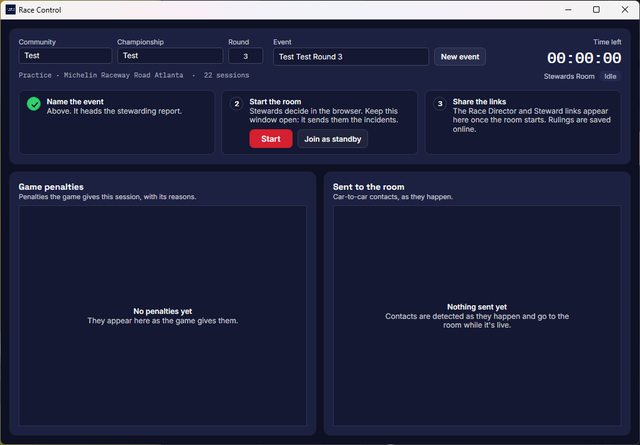 The Race Control window before the room starts: three steps, the Stewards Room status Idle, and empty lists for the game's penalties and the contacts sent to the room.