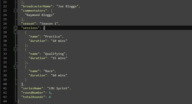 The event card file open in a text editor: broadcaster, commentators, season, sessions with their durations, series, round number and total rounds.