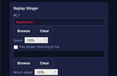 The Replay Stinger settings for PC 1: the stinger file, its speed, and an optional stinger for returning to live.