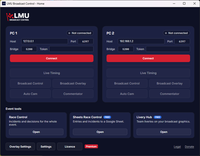 The Home screen before connecting, with Livery Hub under Event tools.
