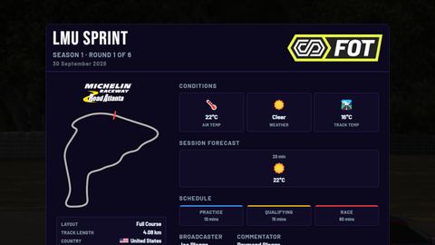Event card on air: Broadcaster, commentators, series, round and sessions, with track and weather from the game.