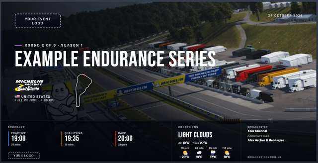 The Cinematic event card: the series name large over a full picture of Road Atlanta, with the schedule, conditions and commentators along the bottom.