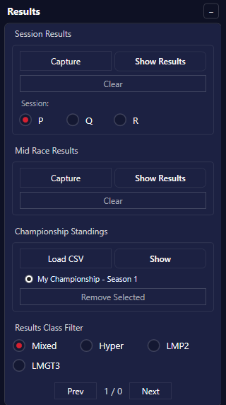 The Results card in the Broadcast Overlay controls: capture and show session and mid-race results, load championship standings from a CSV, and the results class filter.