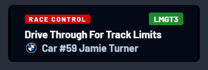 The Race Control banner: a drive-through for track limits for car #59, with its class and manufacturer.