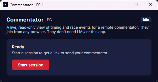 The Commentator window, ready to start a session and get a link to send a remote commentator.