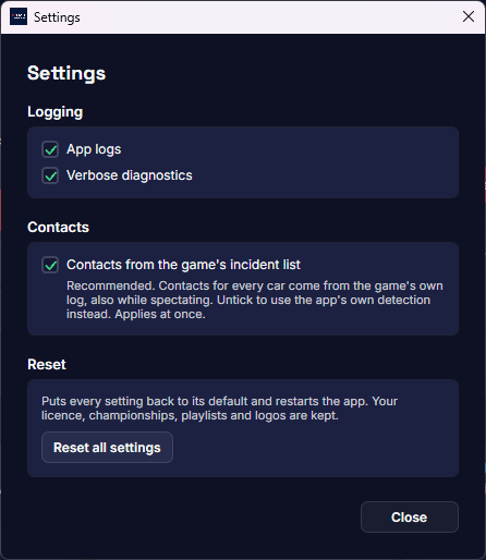 The Settings window: App logs and Verbose diagnostics, Contacts from the game's incident list, and Reset all settings.