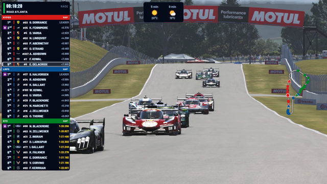 The overlay on air at Road Atlanta: the standings tower, the session clock with the forecast, and the track map.