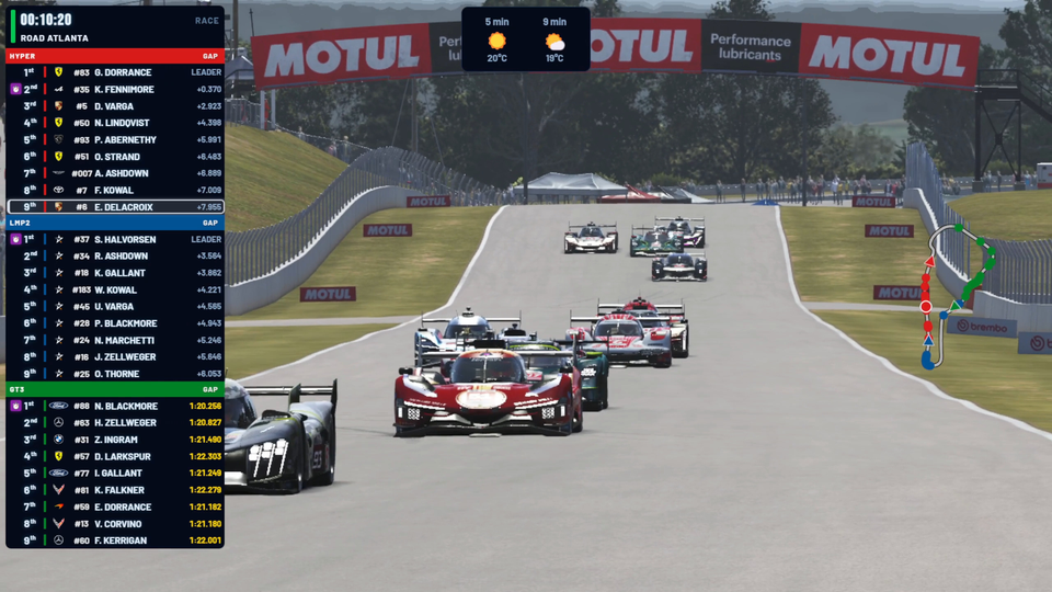 The overlay on air at Road Atlanta: the standings tower, the session clock with the forecast, and the track map.