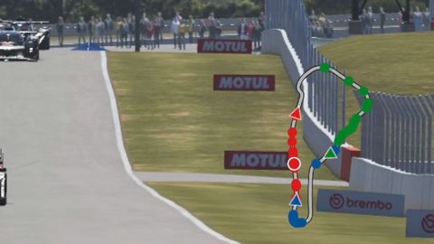 Track Map on air: Circuit outline with class-coloured car dots; the car causing a yellow is shown in gold.