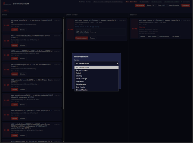 The Record decision dialog with the penalty list open, from No Further Action to Disqualification.
