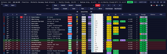 Live Timing with the column menu open from a right-click on the header: every column ticked, from position to penalties.