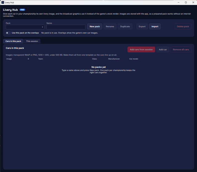 The Livery Hub with no packs yet: the empty list says how to start one.
