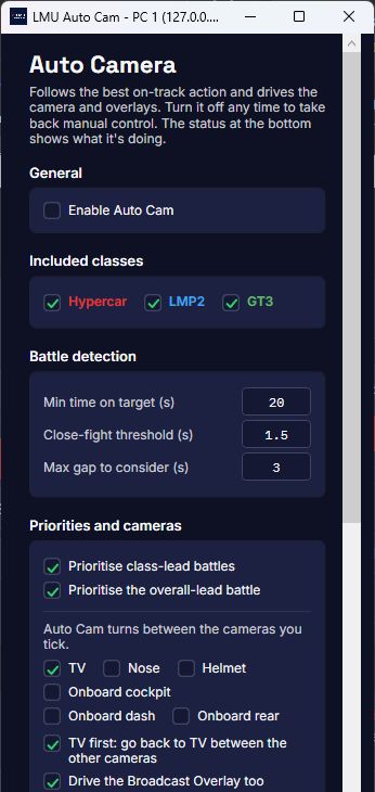 The Auto Camera window: included classes, battle detection, camera priorities, field rotation and interrupts.