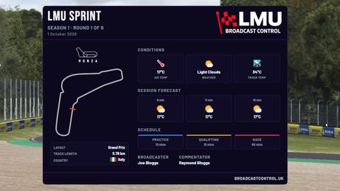 The event card in the default theme, with the Broadcast Control logo: Monza, conditions, forecast, schedule and commentators.